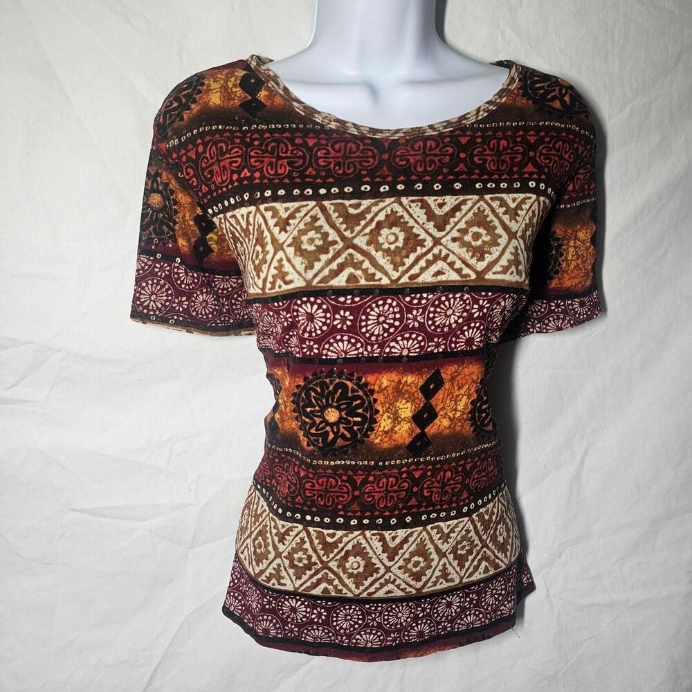 Vintage 90s y2k boho red orange patterned whimsigoth baby tee top